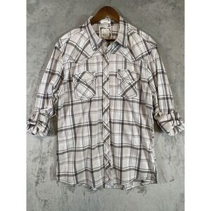 BKE Shirt Mens XL Gray‎ Brown Plaid Pearl Snap Roll Tab Western Cowboy Grunge